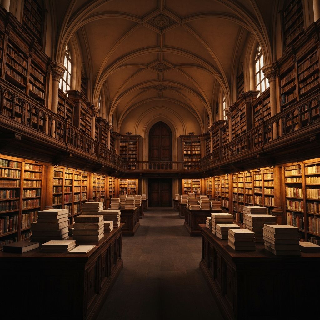 Grand institutional library hall with bookshelves and warm amber lighting