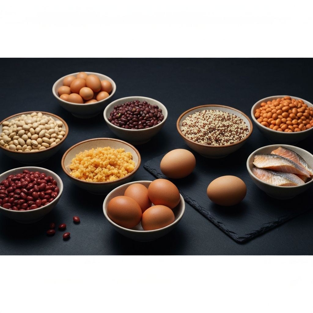 Diverse protein food sources in small bowls on dark slate