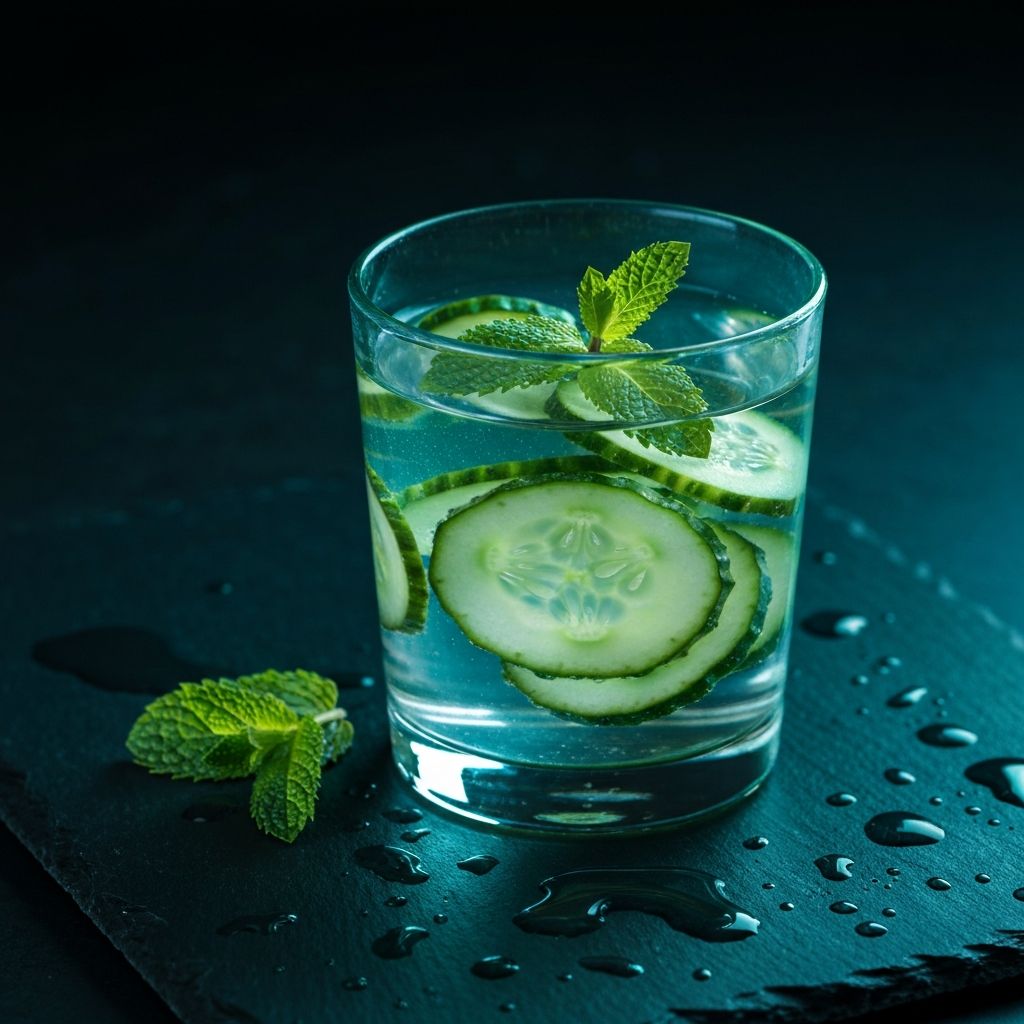 Glass of water with cucumber and mint on dark slate