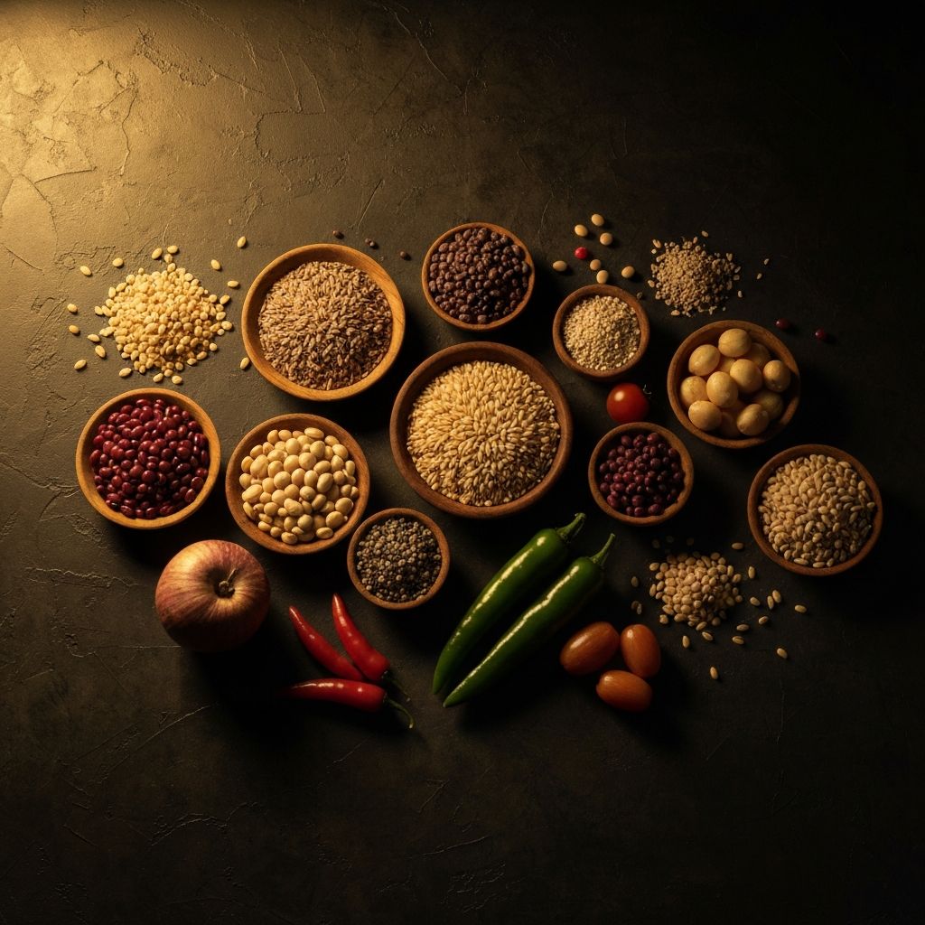 High-fibre foods including whole grains and fresh vegetables