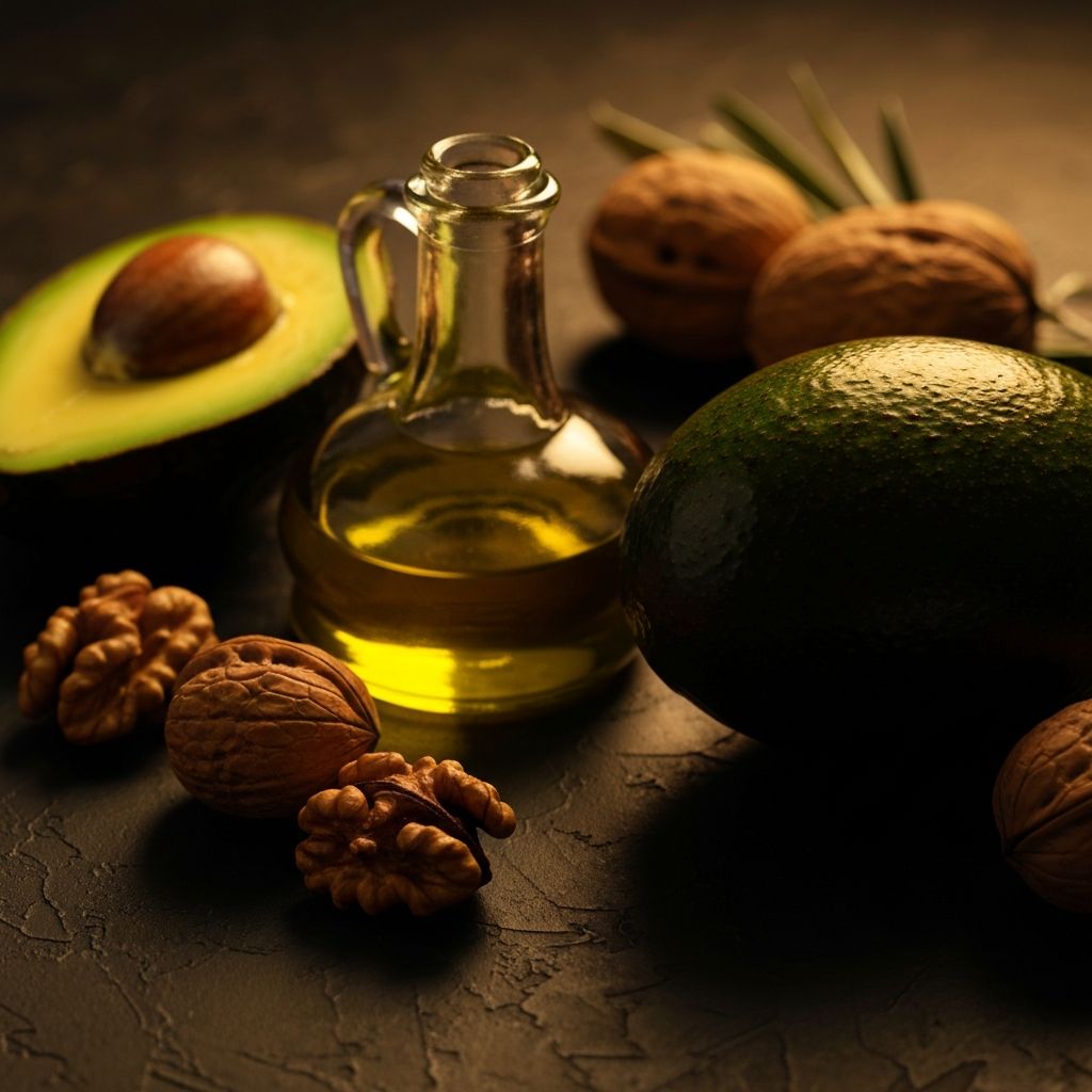 Healthy fat sources including avocado, olive oil and walnuts