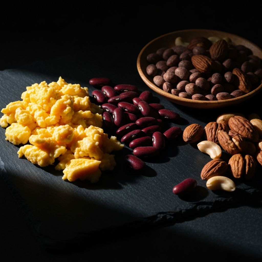 Protein-rich foods including eggs, legumes and nuts